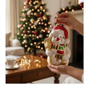 Large Glass Hand painted Snowman Christmas Ornament Glossy Sparkly Finish  9"x6"